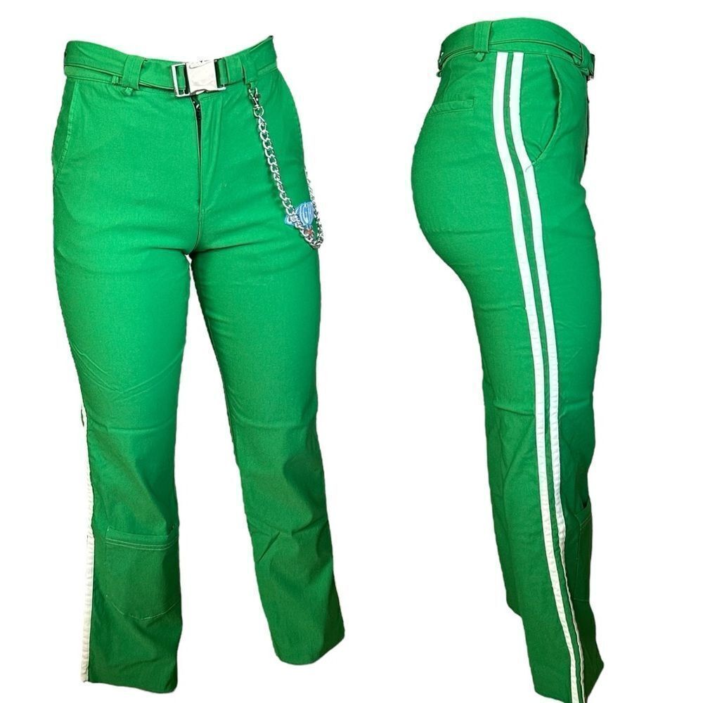 Omighty ~Green pants w/side stripes ~ removable chain ~ adjustable belt ~ size S